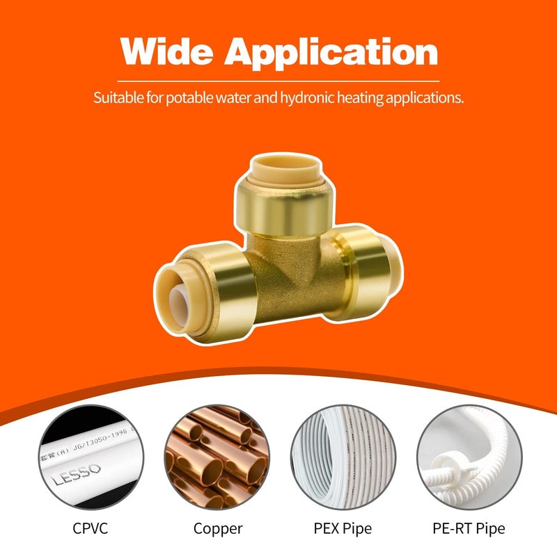 Ruby Q 6 Pack Push-to-Connect Plumbing Fittings, 1/2" Pushfit Tee Fittings with Disconnect Clip for Copper, PEX, CPVC Pipe - Image 3